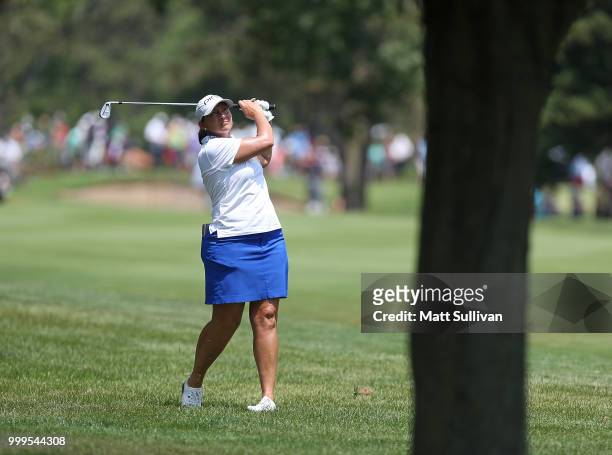 Angela Stanford watches her second shot on the third hole during the final round of the Marathon Classic Presented By Owens Corning And O-I at...
