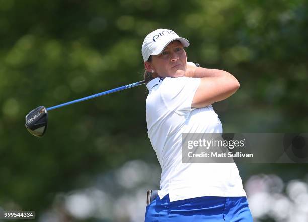 Angela Stanford watches her tee shot on the third hole during the final round of the Marathon Classic Presented By Owens Corning And O-I at Highland...