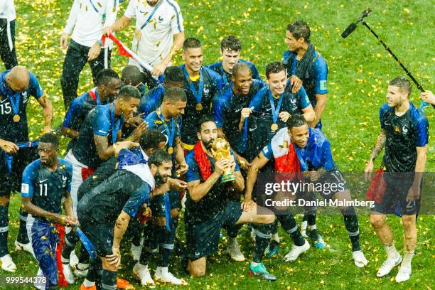 Benjamin Mendy of France kisses the trophy after the 2018 FIFA World Cup Russia Final between France and Croatia at Luzhniki Stadium on July 15, 2018...