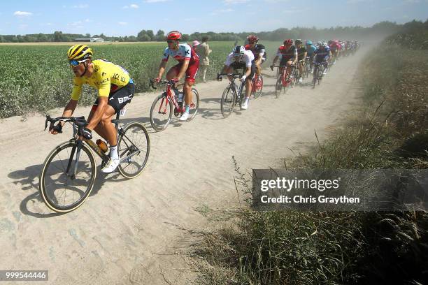 Greg Van Avermaet of Belgium and BMC Racing Team Yellow Leader Jersey / Peloton / Nils Politt of Germany and Team Katusha / Luke Rowe of Great...