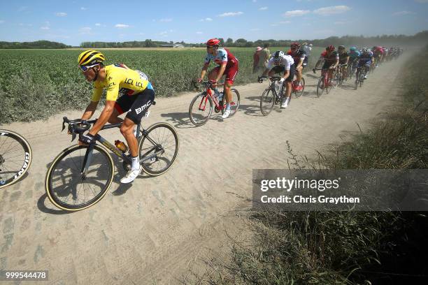 Greg Van Avermaet of Belgium and BMC Racing Team Yellow Leader Jersey / Peloton / Nils Politt of Germany and Team Katusha / Luke Rowe of Great...