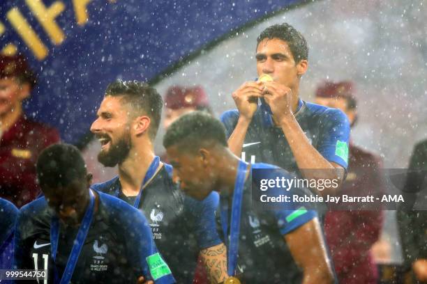 Raphael Varane of France celebrates at the end of the 2018 FIFA World Cup Russia Final between France and Croatia at Luzhniki Stadium on July 15,...