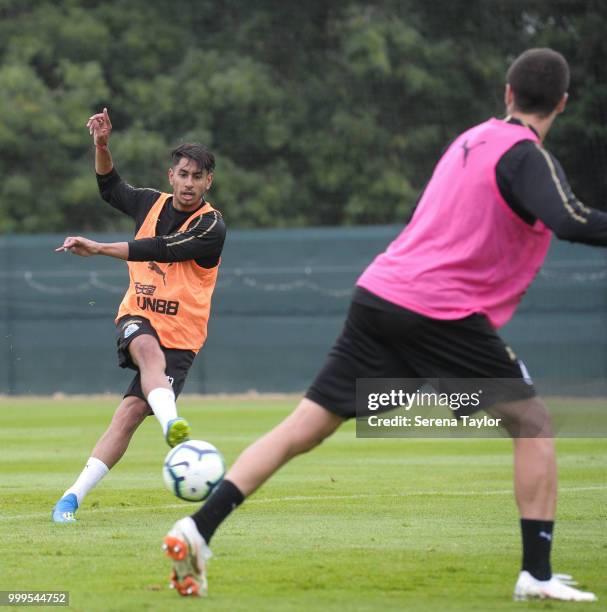 Ayoze Perez strikes the ball during the Newcastle United Training session at Carton House on July 15 in Kildare, Ireland.