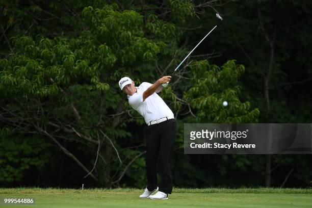 Matt Jones of Australia hits his tee shot on the second hole during the final round of the John Deere Classic at TPC Deere Run on July 15, 2018 in...