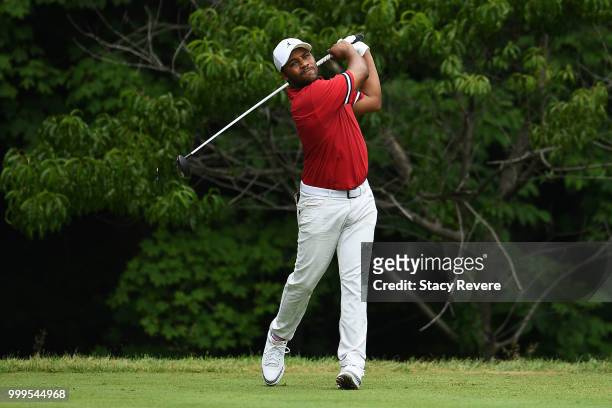 Harold Varner III hits his tee shot on the second hole during the final round of the John Deere Classic at TPC Deere Run on July 15, 2018 in Silvis,...