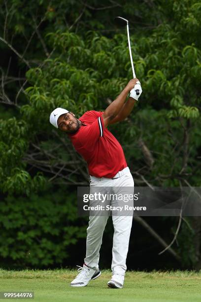 Harold Varner III hits his tee shot on the second hole during the final round of the John Deere Classic at TPC Deere Run on July 15, 2018 in Silvis,...