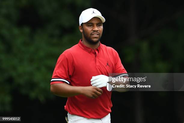 Harold Varner III walks off the second tee during the final round of the John Deere Classic at TPC Deere Run on July 15, 2018 in Silvis, Illinois.