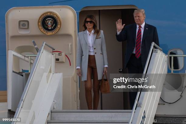 President Donald Trump and first lady, Melania Trump arrive aboard Air Force One at Helsinki International Airport on July 15, 2018 in Helsinki,...