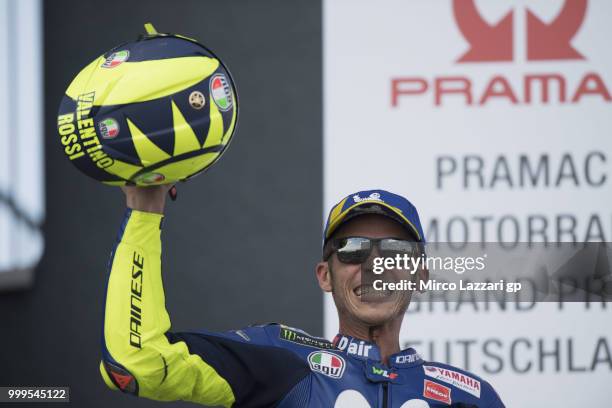 Valentino Rossi of Italy and Movistar Yamaha MotoGP celebrates the second place on the podium at the end of the MotoGP race during the MotoGp of...