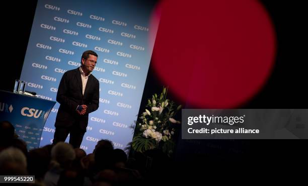 Former German Defence Minister Karl-Theodor zu Guttenberg speaking during a CSU electoral campaign event in the Stadthalle in Kulmbach, Germany, 30...