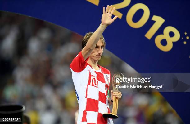 Luka Modric of Croatia poses with his Golden Ball award after the 2018 FIFA World Cup Final between France and Croatia at Luzhniki Stadium on July...
