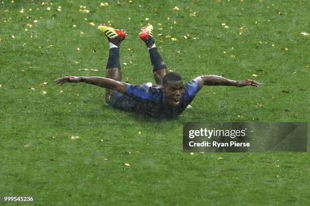 Paul Pogba of France celebrates victory following the 2018 FIFA World Cup Final between France and Croatia at Luzhniki Stadium on July 15, 2018 in...