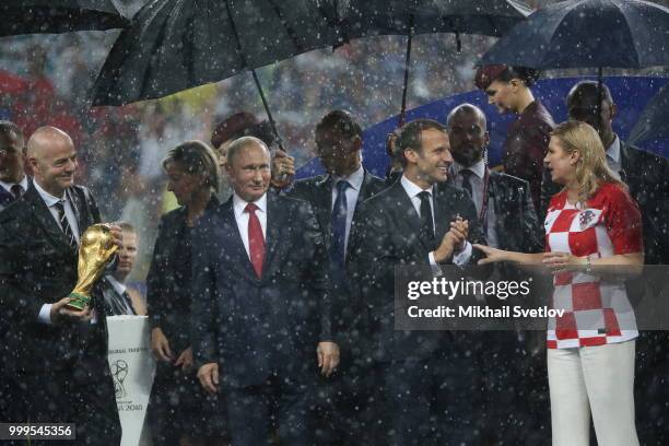 President Gianni Russian President Vladimir Putin, French President Emmanuel Macron, Croatian President Kolinda Grabar-Kitarovic attend the 2018 FIFA...