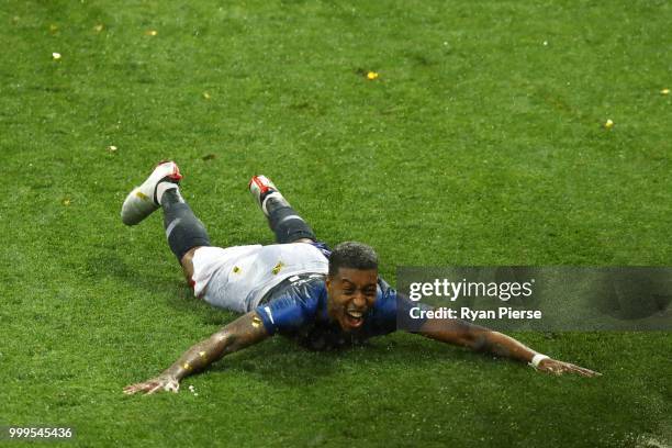 Presnel Kimpembe of France celebrates victory following the 2018 FIFA World Cup Final between France and Croatia at Luzhniki Stadium on July 15, 2018...