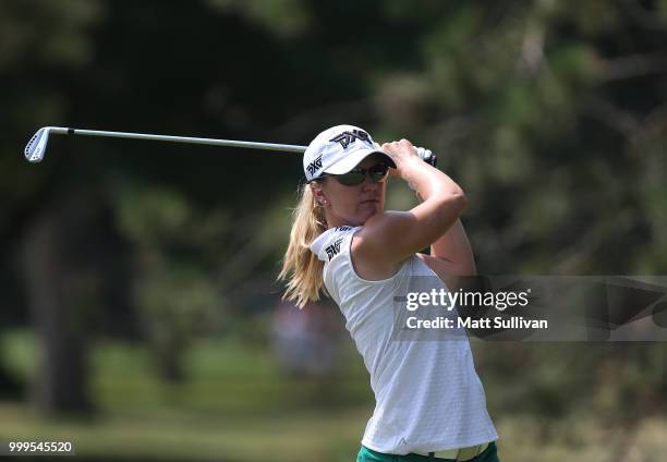 Austin Ernst watches her tee shot on the second hole during the final round of the Marathon Classic Presented By Owens Corning And O-I at Highland...