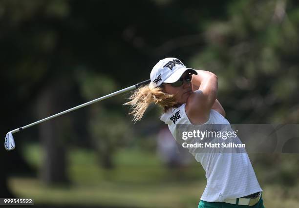 Austin Ernst watches her tee shot on the second hole during the final round of the Marathon Classic Presented By Owens Corning And O-I at Highland...