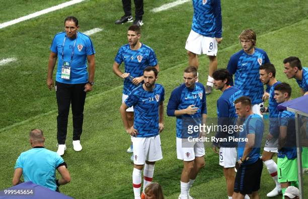 Croatia substitues look on as waits for referee Nestor Pitana to view VAR footage before awarding a penalty to France during during the 2018 FIFA...
