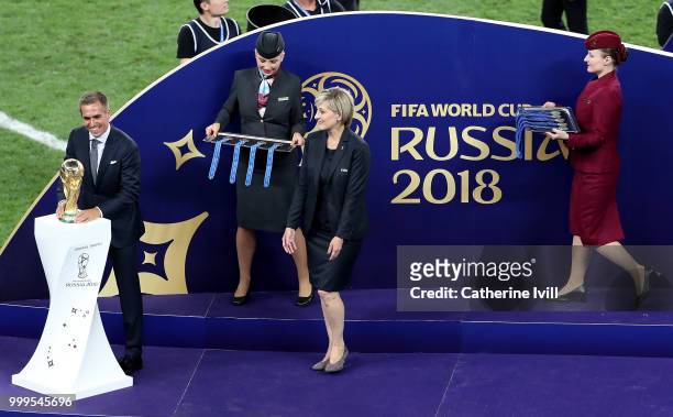 Legend Philipp Lahm places the World Cup Trophy on its plinth before it is awarded to France after the 2018 FIFA World Cup Final between France and...