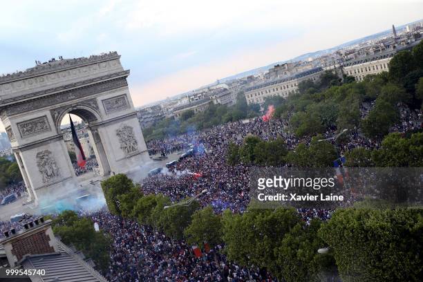 Fans Celebrate France Winning The World Cup 2018 Final Against Croatia at Champs Elysee, on July 15, 2018 in Paris, France.