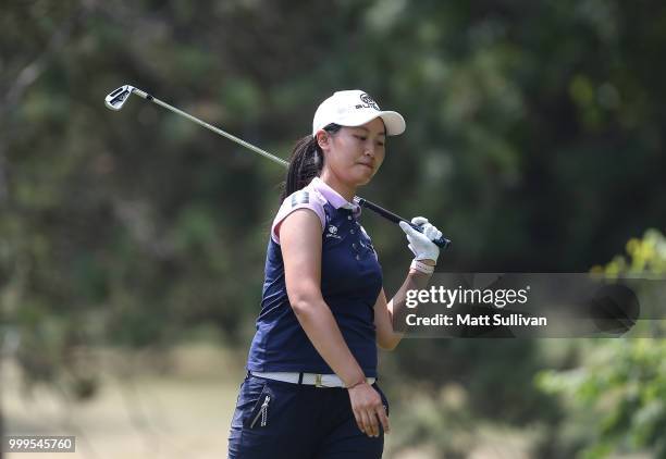 Xiyu Lin of China watches her tee shot on the second hole during the final round of the Marathon Classic Presented By Owens Corning And O-I at...