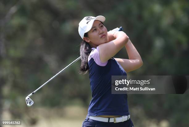 Xiyu Lin of China watches her tee shot on the second hole during the final round of the Marathon Classic Presented By Owens Corning And O-I at...