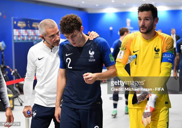 Benjamin Pavard and Hugo Lloris of France make their way to the pitch for second half during the 2018 FIFA World Cup Final between France and Croatia...