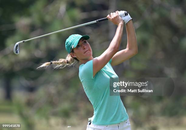 Jaye Marie Green watches her tee shot on the second hole during the final round of the Marathon Classic Presented By Owens Corning And O-I at...