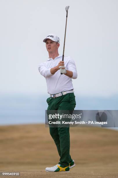 Brandon Stone plays his approach shot into the 13th hole during day four of the Aberdeen Standard Investments Scottish Open at Gullane Golf Club,...