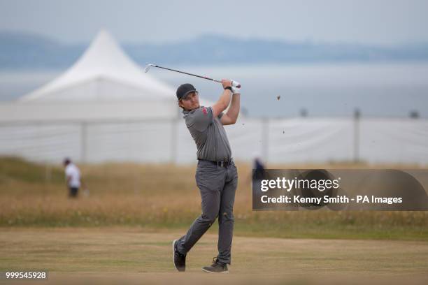 Eddie Pepperell plays his approach to the 7th hole during day four of the Aberdeen Standard Investments Scottish Open at Gullane Golf Club, East...