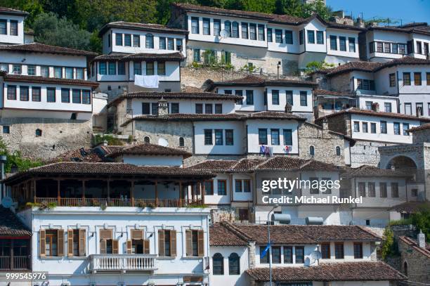 traditional houses in the mangalem quarter, unesco world heritage site, berat, albania - shqiperia stock pictures, royalty-free photos & images