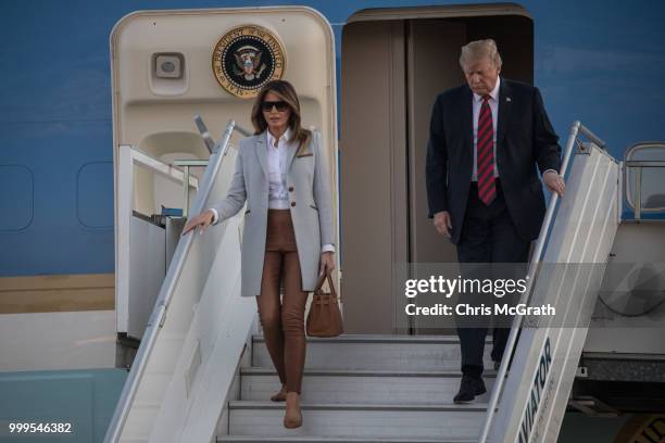 President Donald Trump and first lady, Melania Trump arrive aboard Air Force One at Helsinki International Airport on July 15, 2018 in Helsinki,...