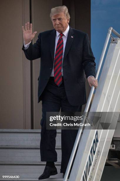 President Donald Trump arrives aboard Air Force One at Helsinki International Airport on July 15, 2018 in Helsinki, Finland. President Trump arrived...