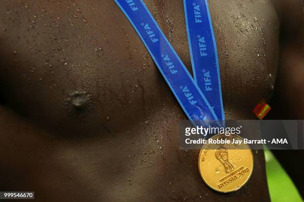 Detail View of the winners medal of Benjamin Mendy of France at the end of the 2018 FIFA World Cup Russia Final between France and Croatia at...