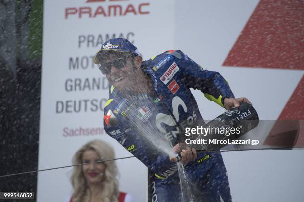 Valentino Rossi of Italy and Movistar Yamaha MotoGP celebrates the second place on the podium at the end of the MotoGP race during the MotoGp of...