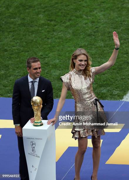 Former German International Footballer Philipp Lahm and Philanthropist Natalia Vodianova present the 2018 FIFA World Cup Original Trophy prior the...