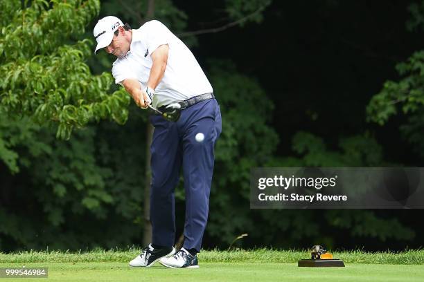 Johnson Wagner hits his tee shot on the second hole during the final round of the John Deere Classic at TPC Deere Run on July 15, 2018 in Silvis,...