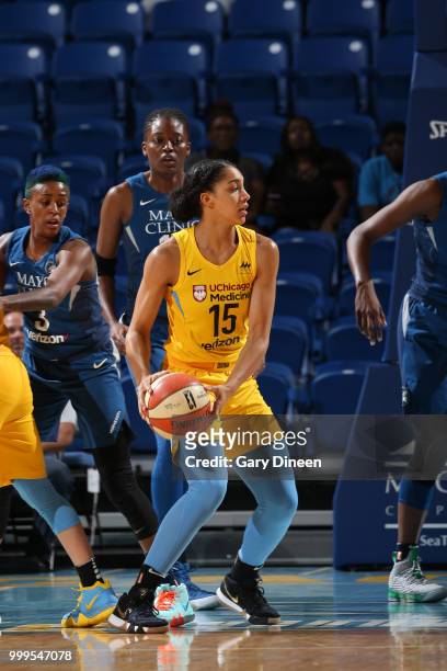 Gabby Williams of the Chicago Sky handles the ball against the Minnesota Lynx on July 07, 2018 at the Wintrust Arena in Chicago, Illinois. NOTE TO...