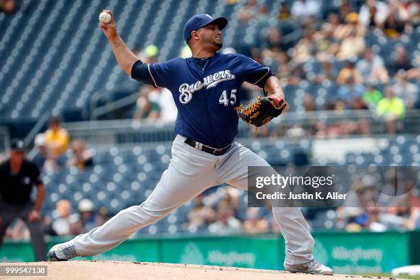 Jhoulys Chacin of the Milwaukee Brewers pitches in the first inning against the Pittsburgh Pirates at PNC Park on July 15, 2018 in Pittsburgh,...