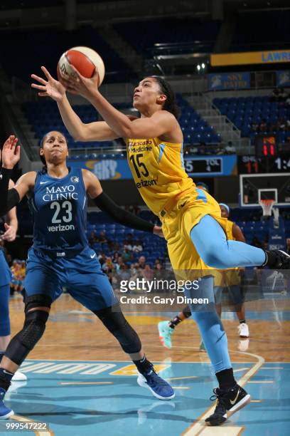 Gabby Williams of the Chicago Sky goes to the basket against the Minnesota Lynx on July 07, 2018 at the Wintrust Arena in Chicago, Illinois. NOTE TO...