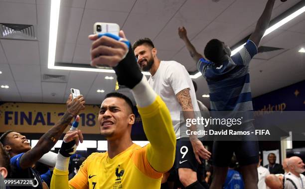 France players celebrate in the dressing room following their sides victory in the 2018 FIFA World Cup Final between France and Croatia at Luzhniki...