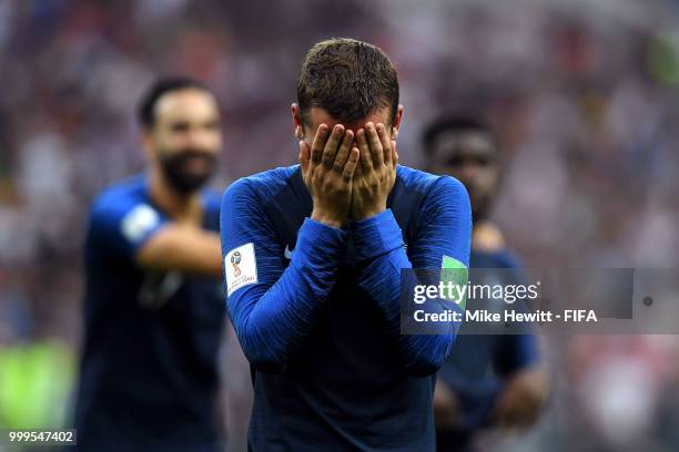 Antoine Griezmann of France celebrates at the final whistle following his sides win in the 2018 FIFA World Cup Final between France and Croatia at...