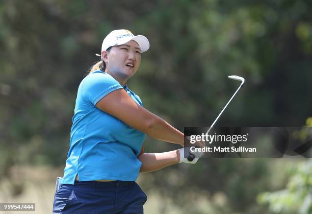 Mirim Lee of South Korea watches her tee shot on the second hole during the final round of the Marathon Classic Presented By Owens Corning And O-I at...