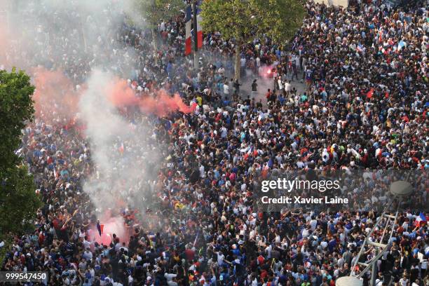 Fans Celebrate France Winning The World Cup 2018 Final Against Croatia at Champs Elysee, on July 15, 2018 in Paris, France.