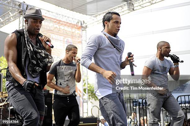 Oritse Williams, Jonathan 'JB' Gill, Aston Merrygold, and Marvin Humes of JLS perform as part of KIIS FM's Wango Tango 2010 at Staples Center on May...