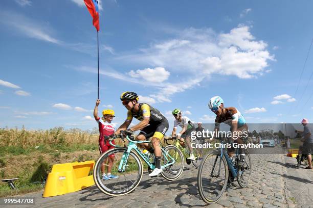 Dylan Groenewegen of The Netherlands and Team LottoNL - Jumbo / Alexis Vuillermoz of France and Team AG2R La Mondiale / Willems À Hem Cobbles Sector...