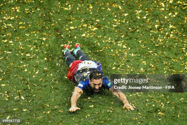 Adil Rami of France celebrates victory following the 2018 FIFA World Cup Final between France and Croatia at Luzhniki Stadium on July 15, 2018 in...