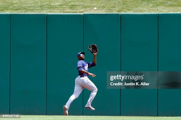 Lorenzo Cain of the Milwaukee Brewers tracks a hard hit ball in the second inning against the Pittsburgh Pirates at PNC Park on July 15, 2018 in...