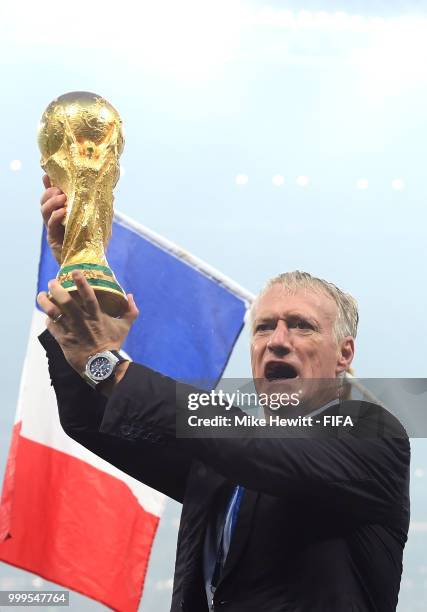 Didier Deschamps, Manager of France celebrates with the World Cup trophy following the 2018 FIFA World Cup Final between France and Croatia at...