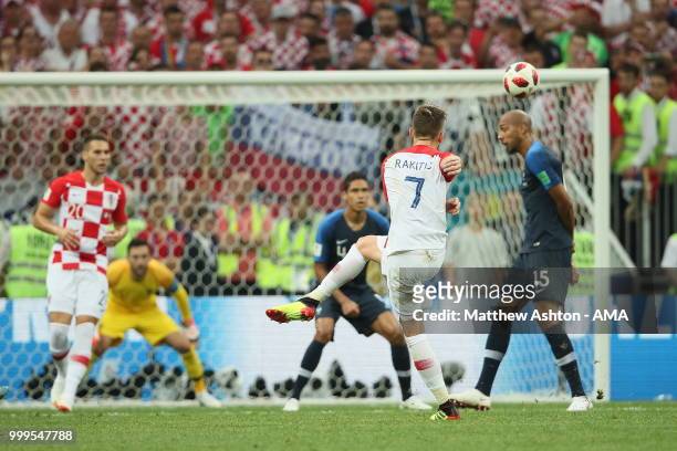 Ivan Rakitic of Croatia fires over during the 2018 FIFA World Cup Russia Final between France and Croatia at Luzhniki Stadium on July 15, 2018 in...