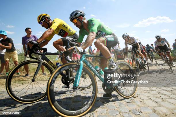 Peter Sagan of Slovakia and Team Bora Hansgrohe Green Sprint Jersey / Greg Van Avermaet of Belgium and BMC Racing Team Yellow Leader Jersey /...